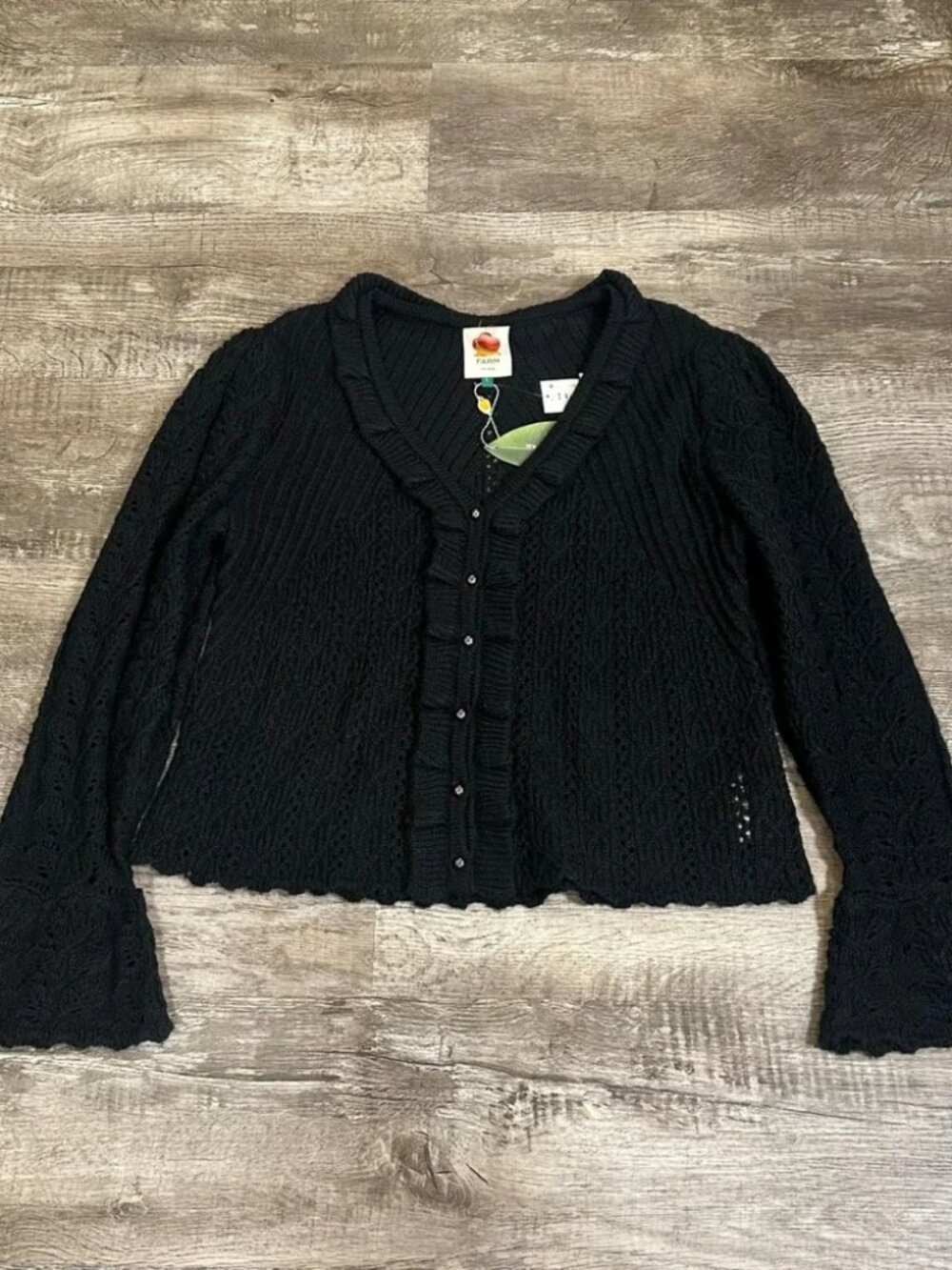 Farm Rio Lace Stitch Ruffles Black Knit Cardigan Bell Sleeve Sweater Large NEW